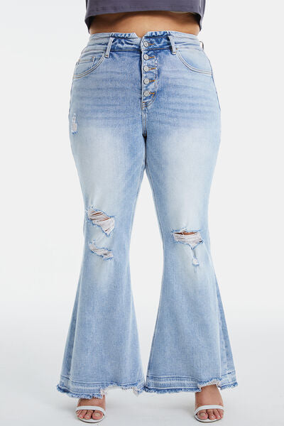 Distressed Raw Hem High Waist Flare Jeans