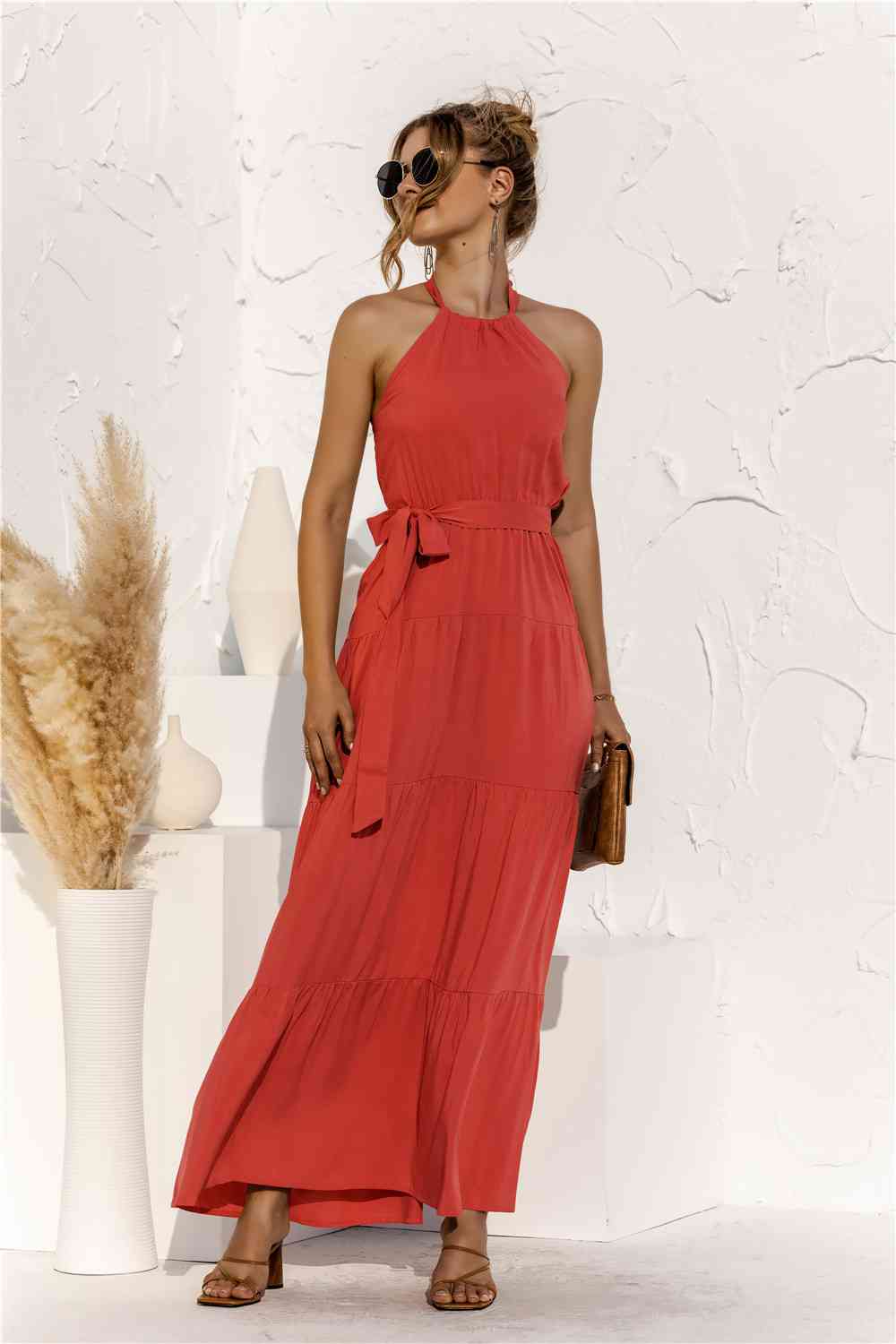 Halter Neck Tie Waist Tiered Maxi Dress