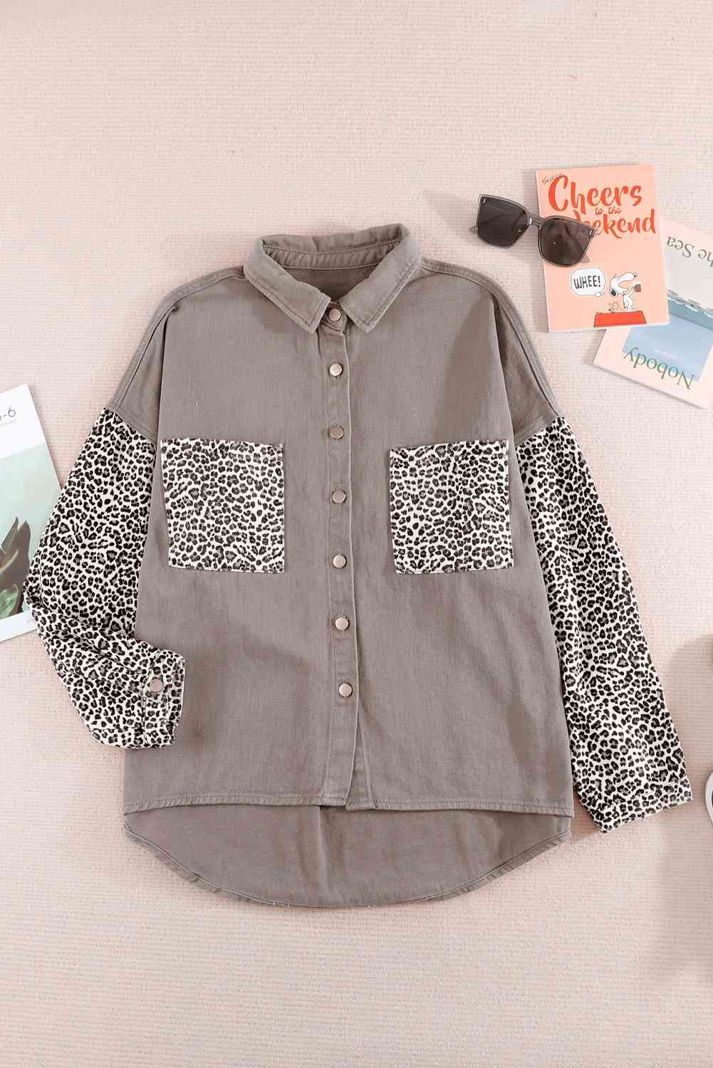 Double Take Leopard Contrast Denim Top