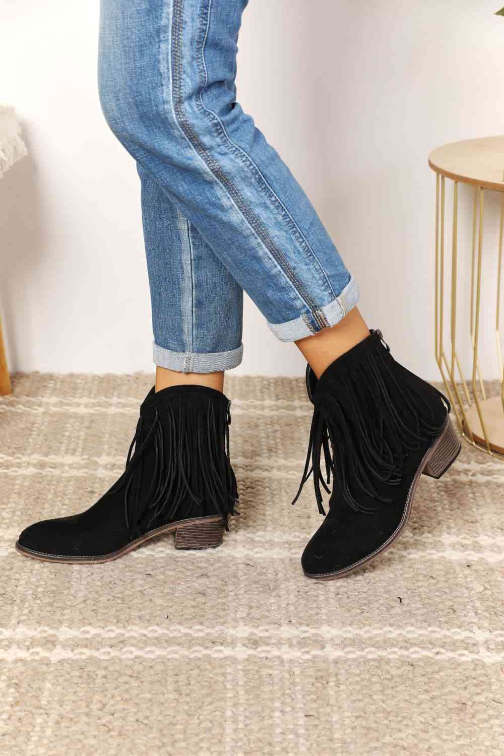 Fringe Ankle Boots in Black