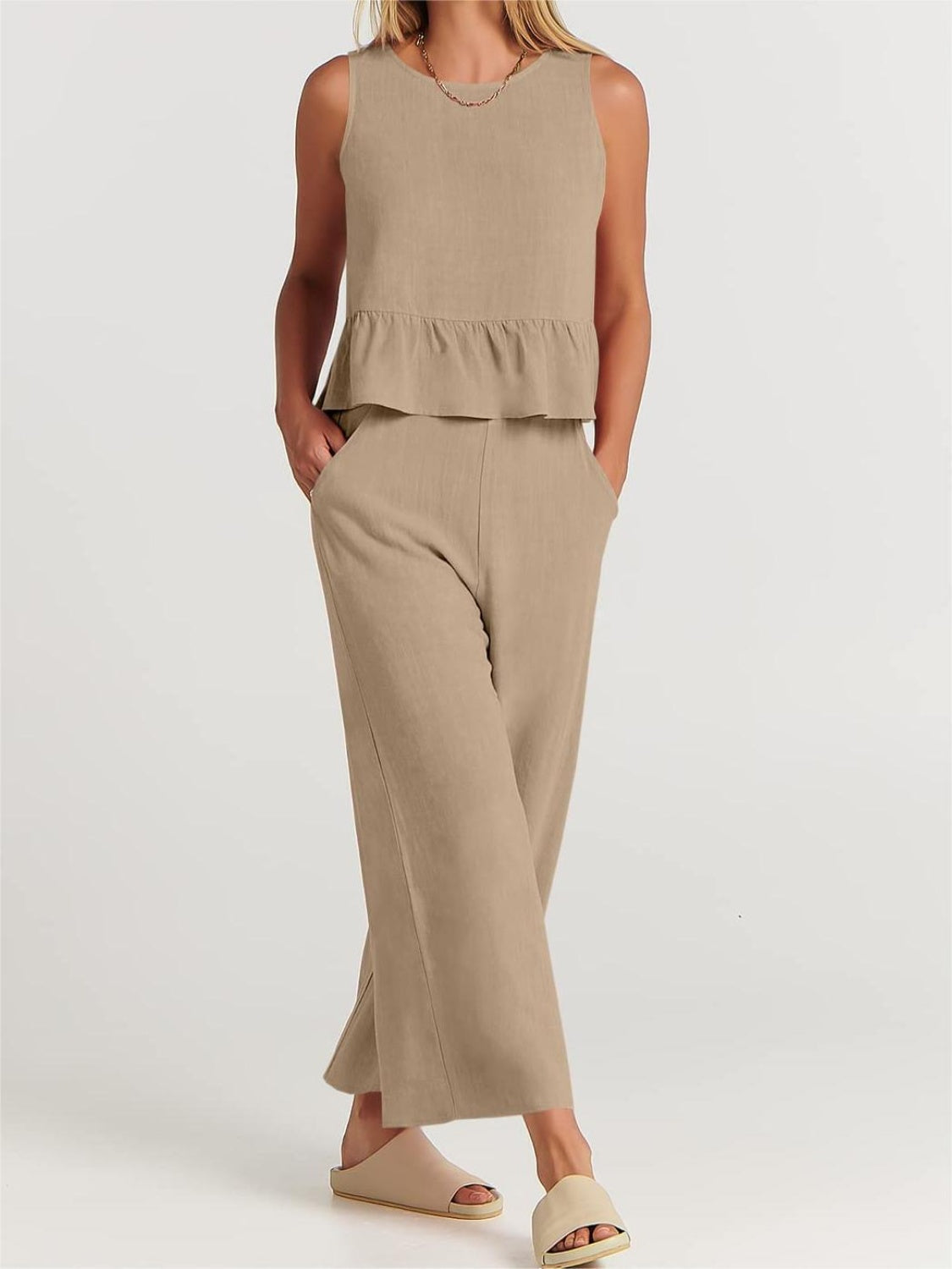 Button Back Top and Wide Leg Pants Set