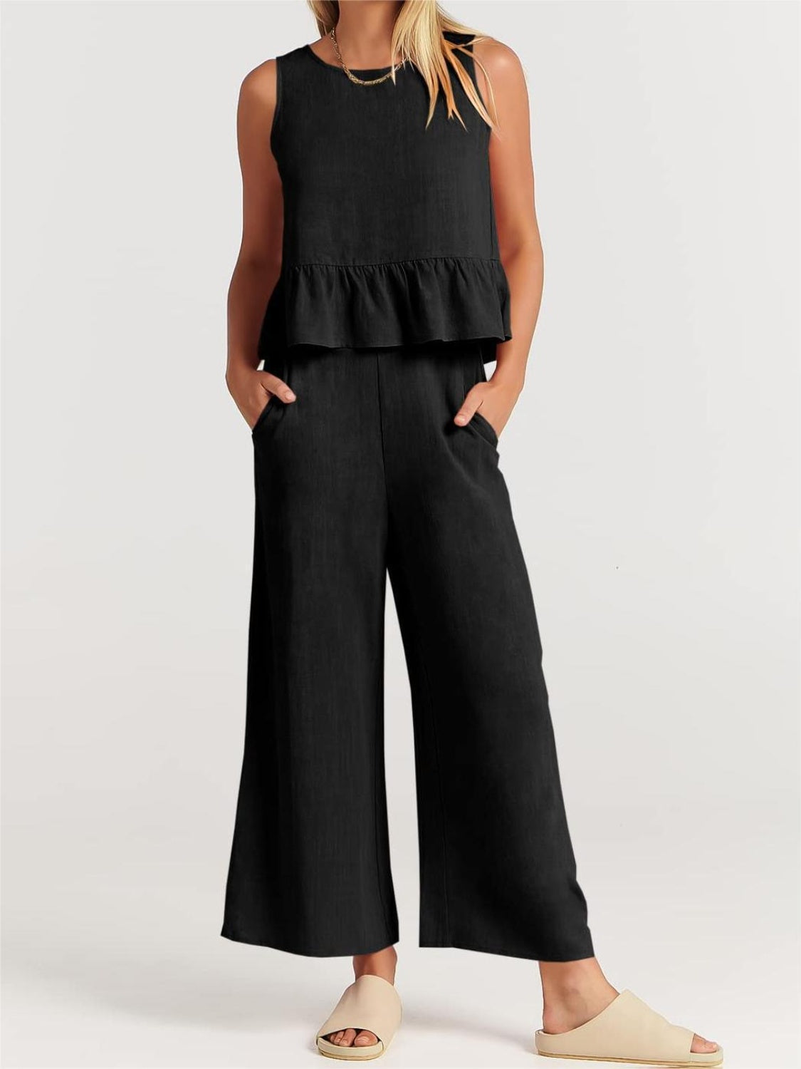 Button Back Top and Wide Leg Pants Set