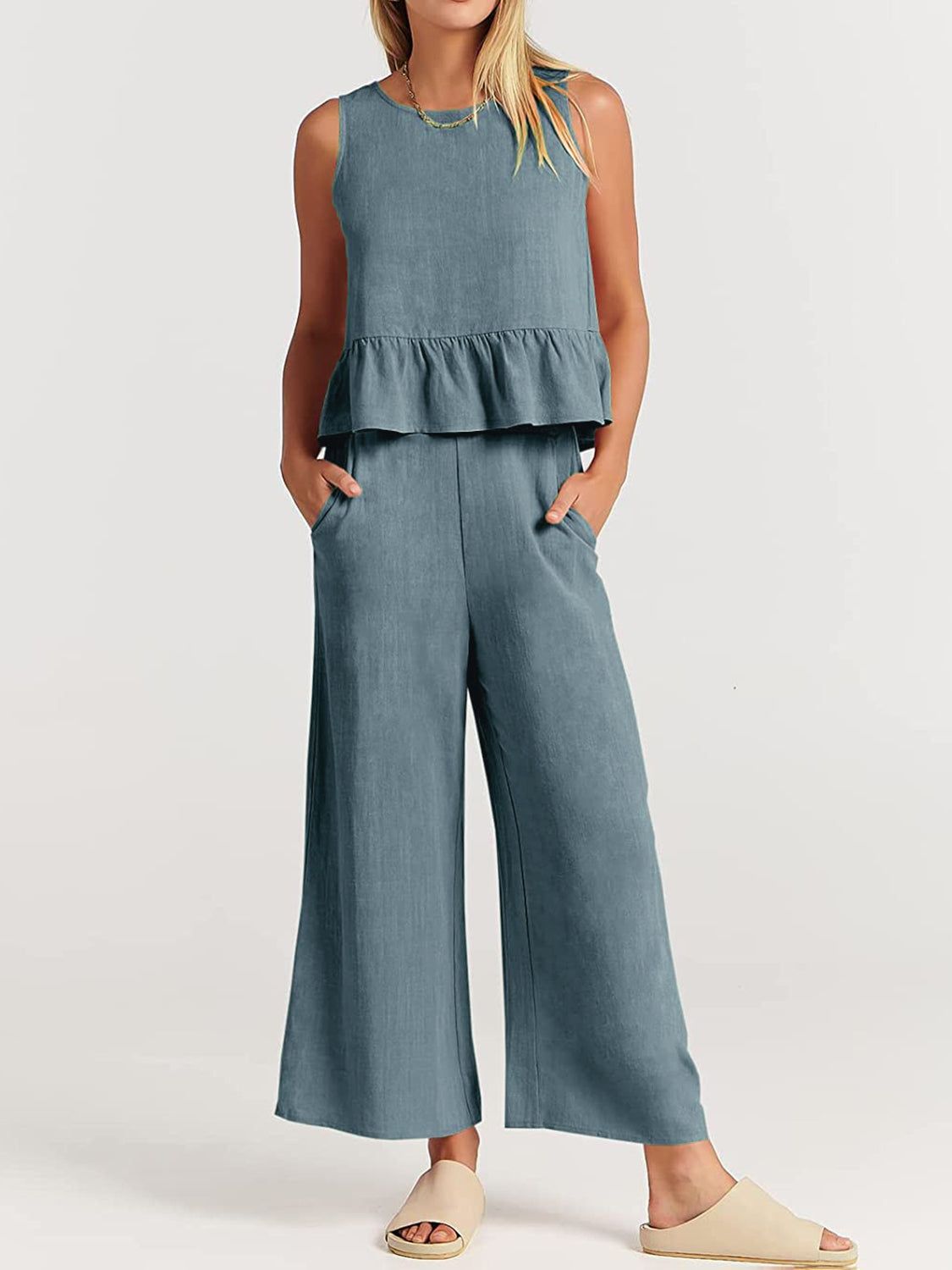 Button Back Top and Wide Leg Pants Set