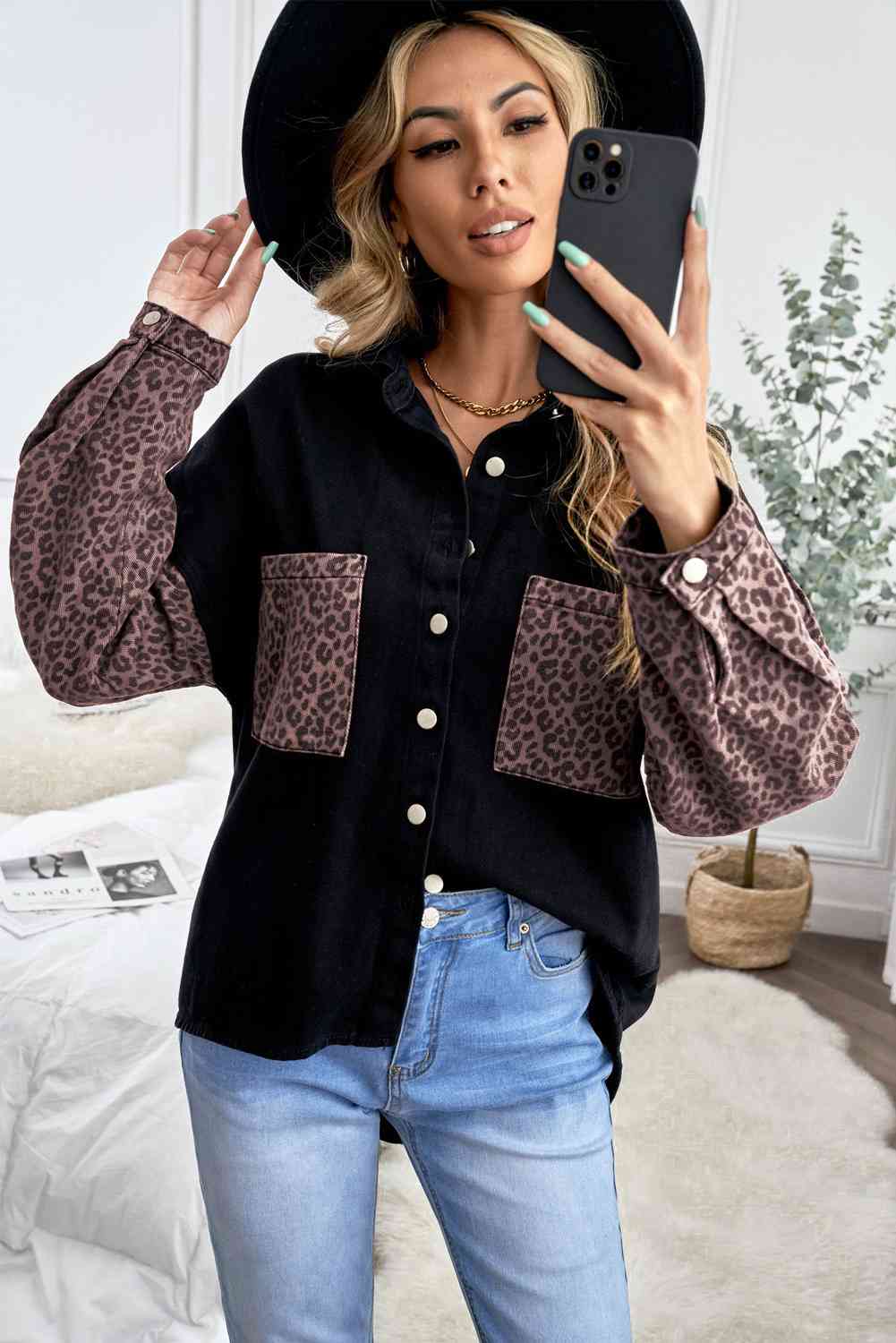 Double Take Leopard Contrast Denim Top