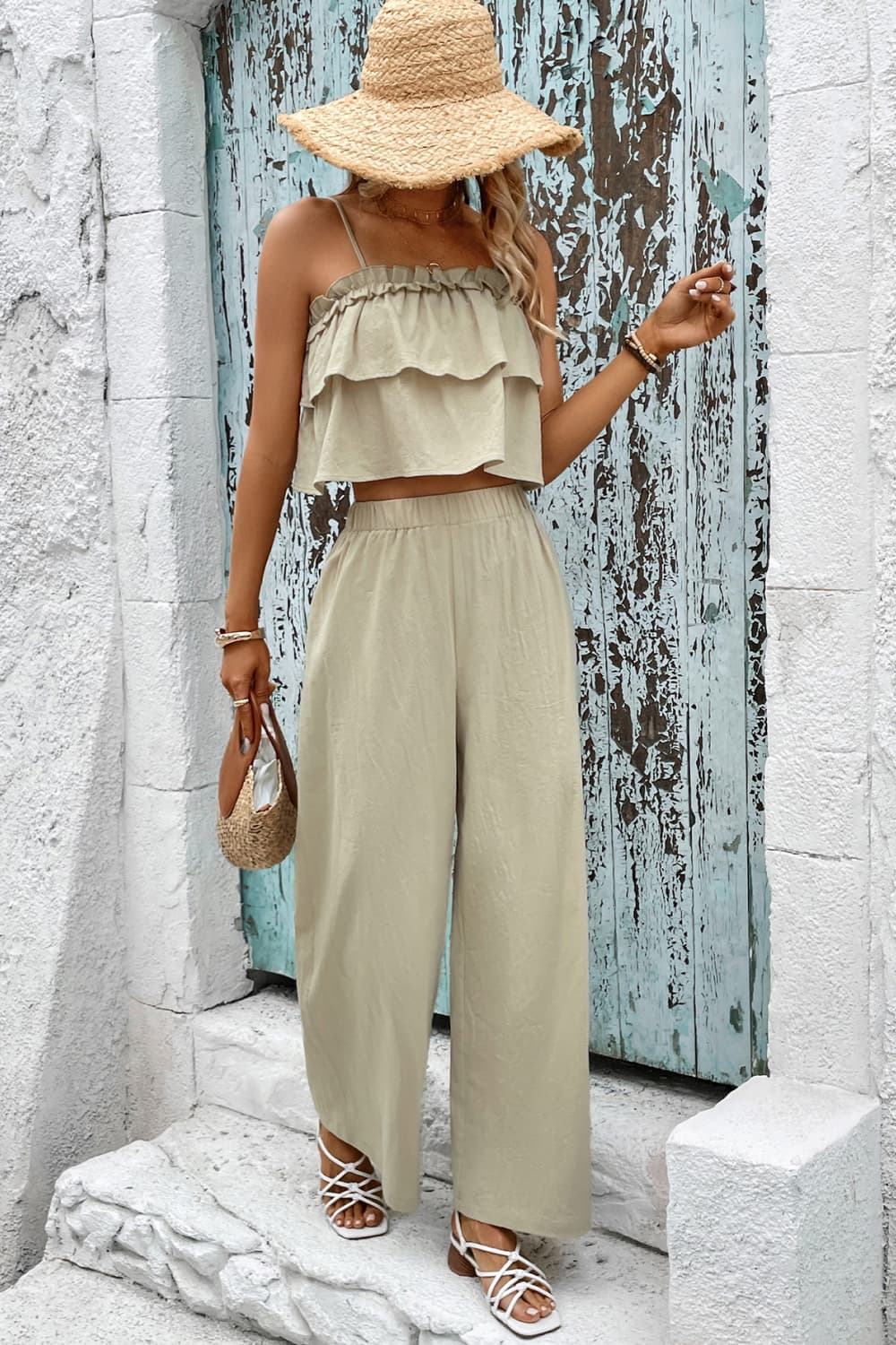 Frill Trim Wide Leg Pants Set