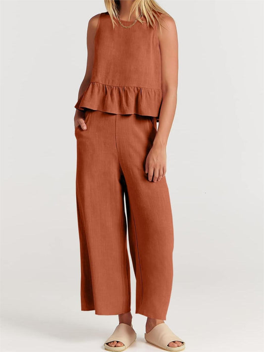 Button Back Top and Wide Leg Pants Set