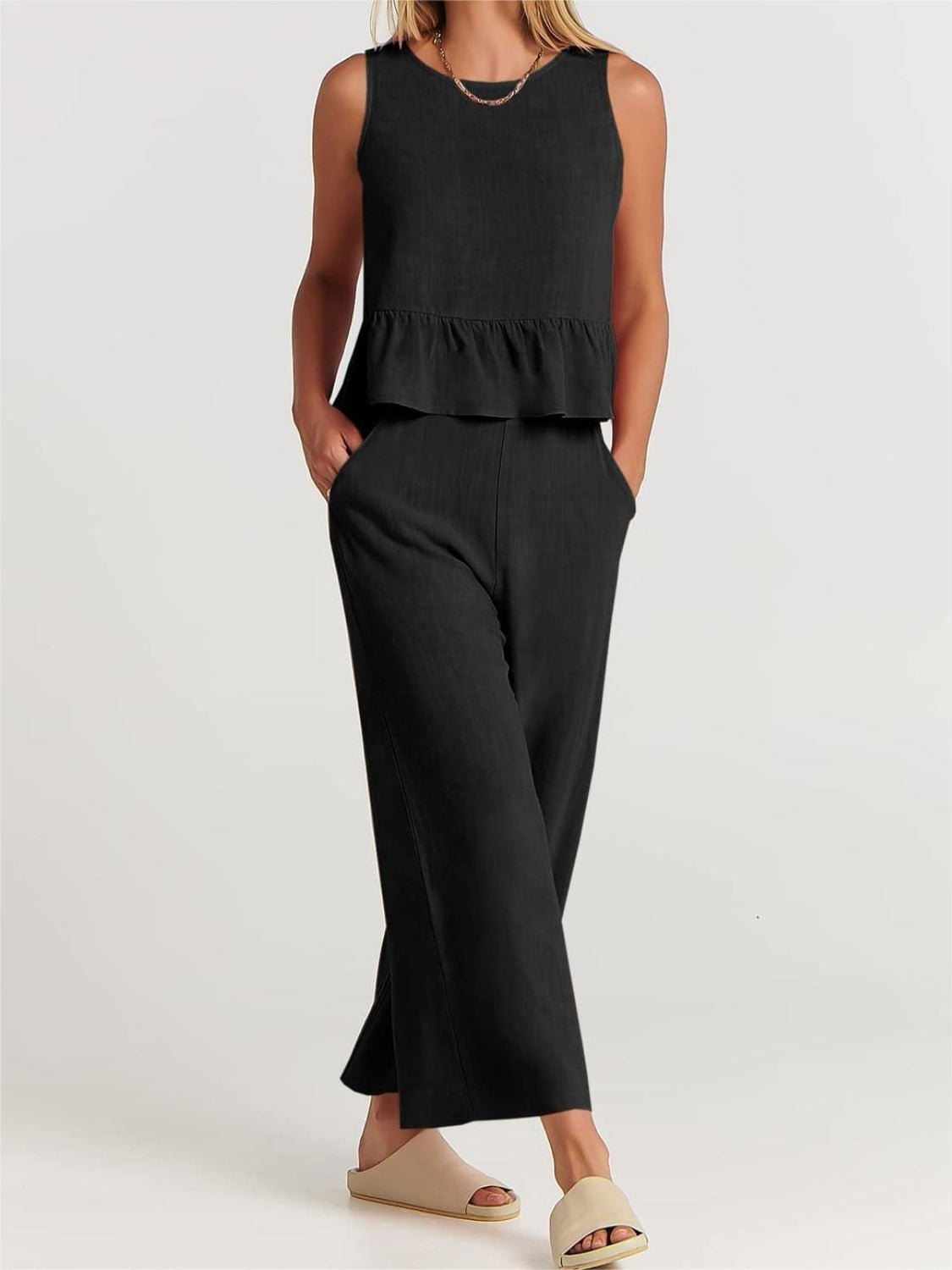 Button Back Top and Wide Leg Pants Set