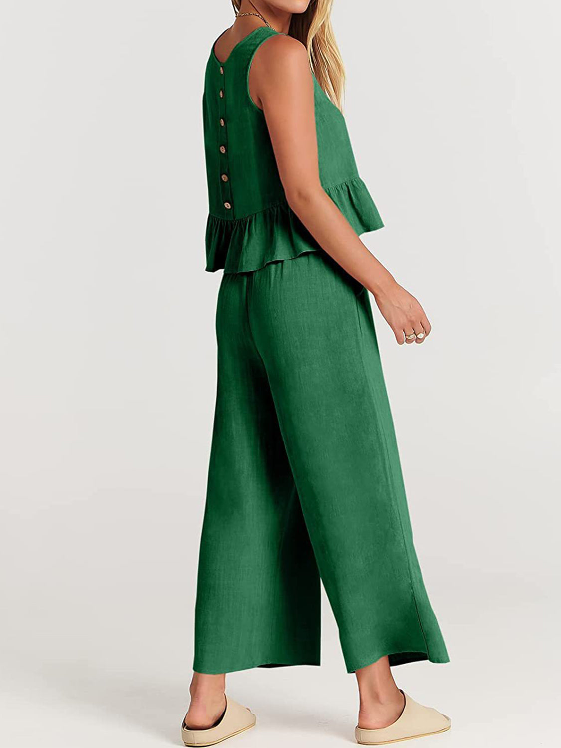 Button Back Top and Wide Leg Pants Set